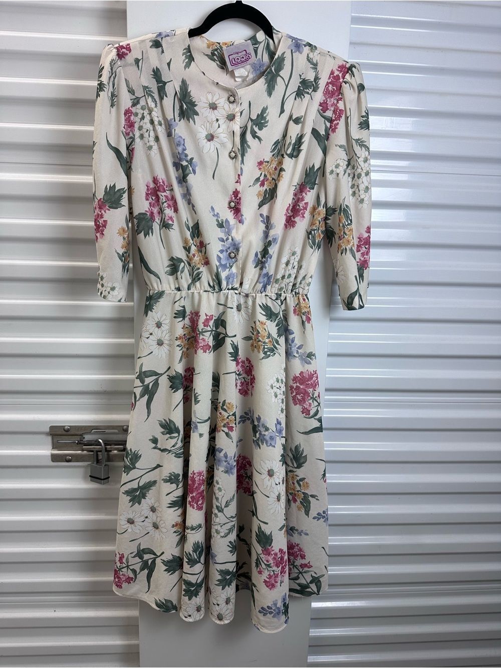 California LOOKS Cream Floral Midi Dress with Pink, Purple & Green Print